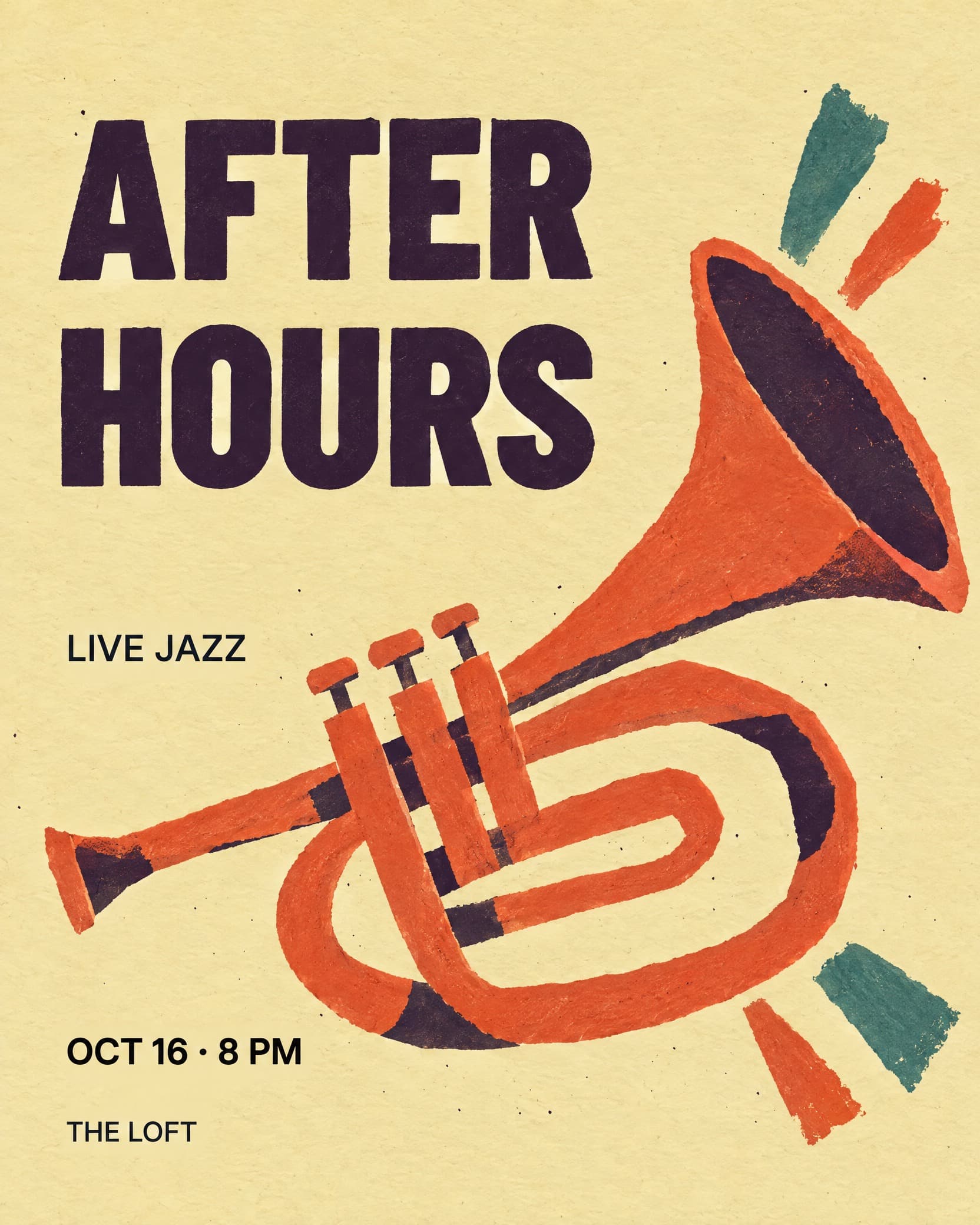 After hours: Illustrated treatment generated in NoteAI from the same headline, date, and venue layout